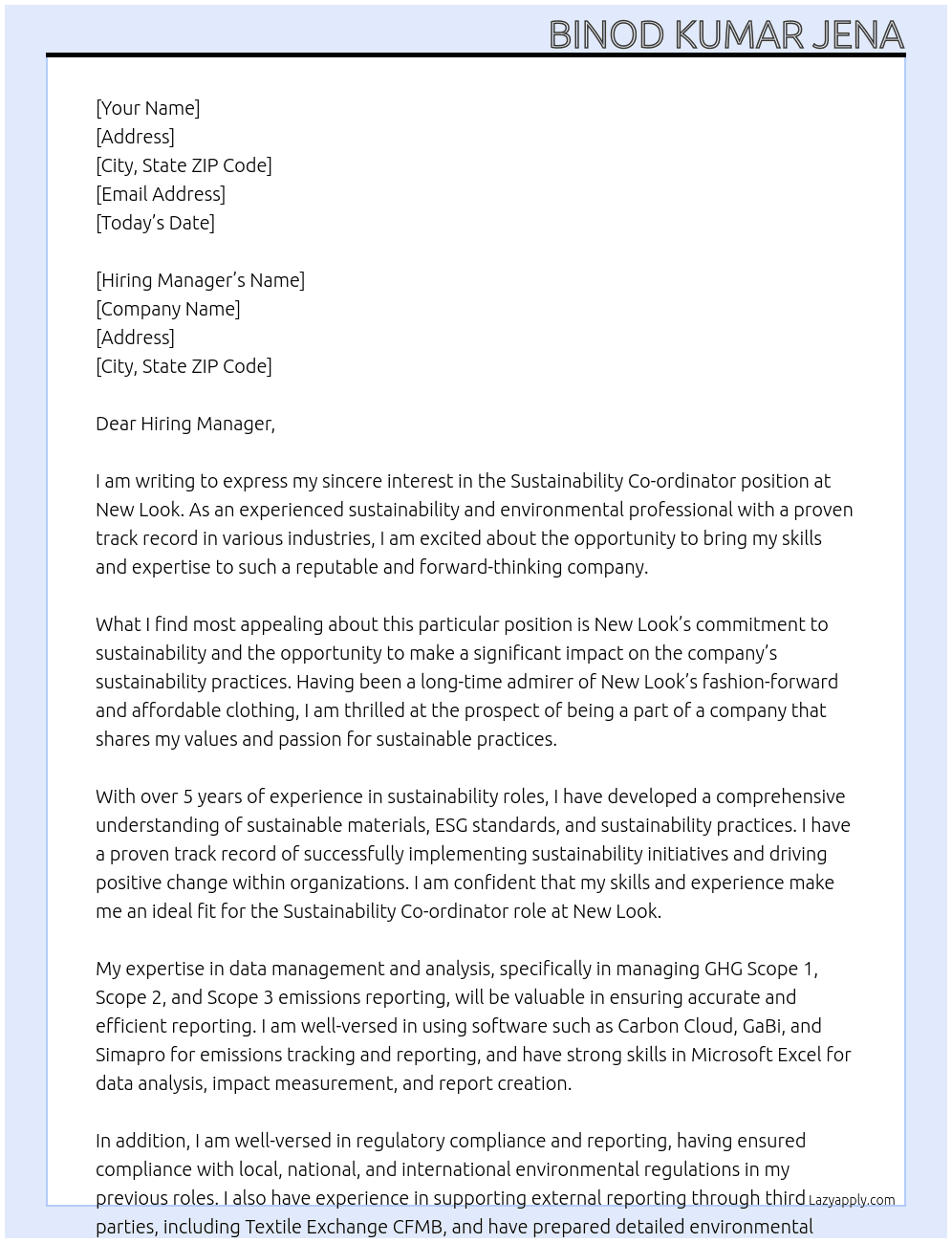 Sustainability Co-ordinator At New Look Cover Letter