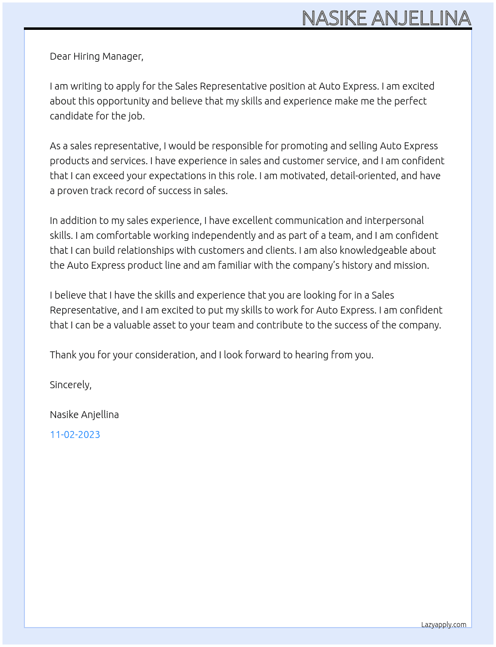  Sales Representative At Auto Express Cover Letter