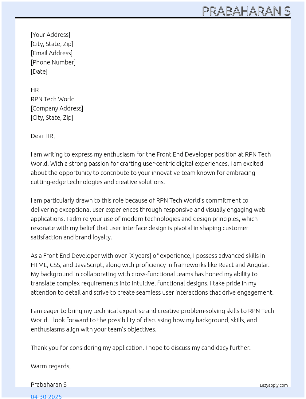 Front End Developer At RPN Tech World Cover Letter