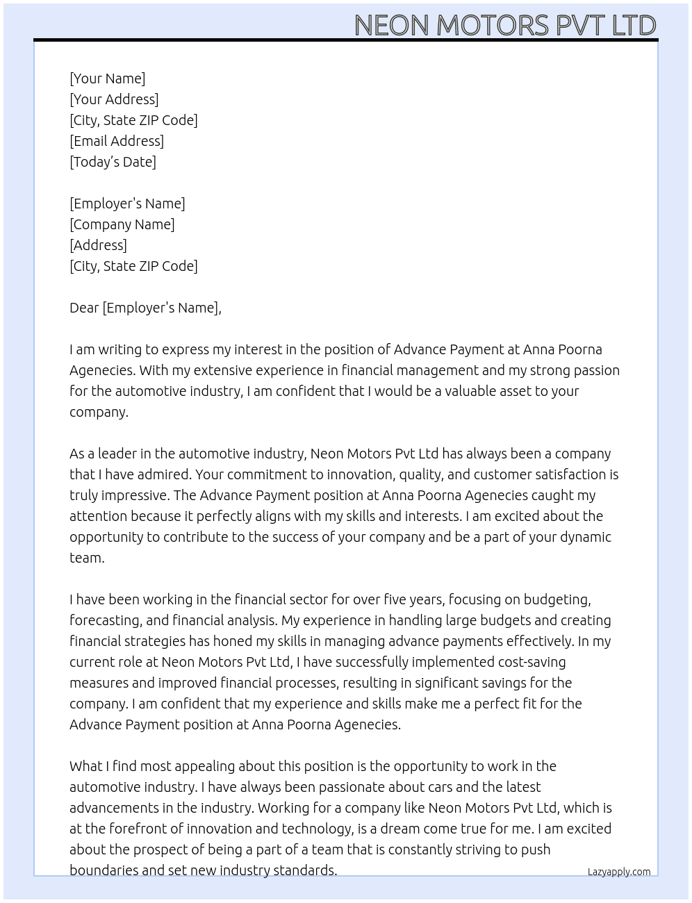 advance payment At neon motors pvt ltd Cover Letter