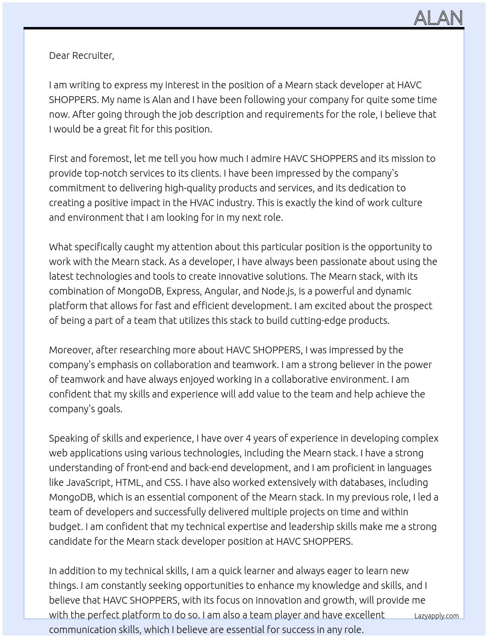 Mearn stack developer At HAVC SHOPPERS Cover Letter