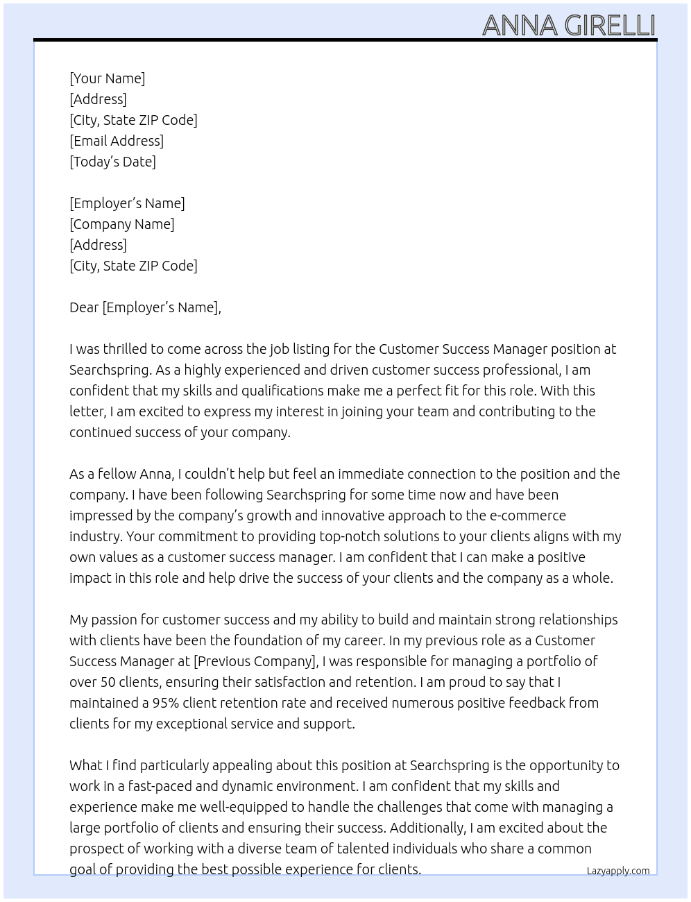 Customer Success Manager - APC  At Searchspring Cover Letter