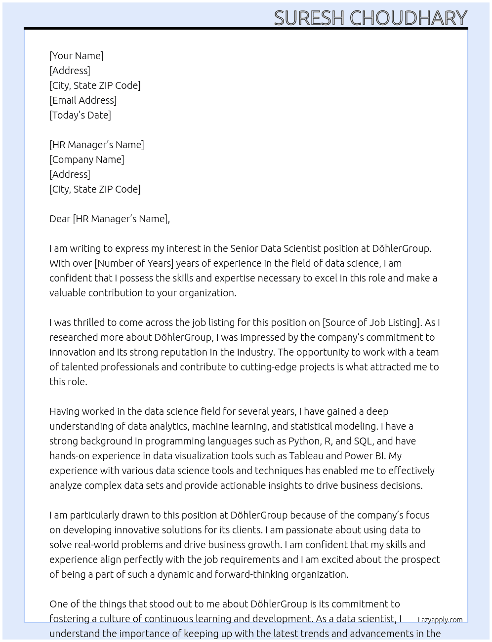 Senior Data Scientist At DöhlerGroup Cover Letter