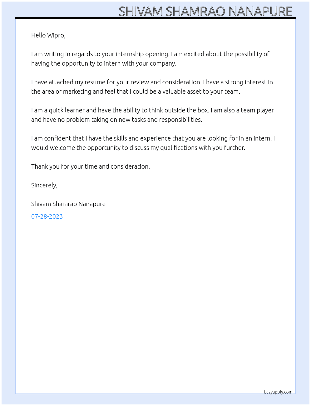 Internships  At Wipro  Cover Letter