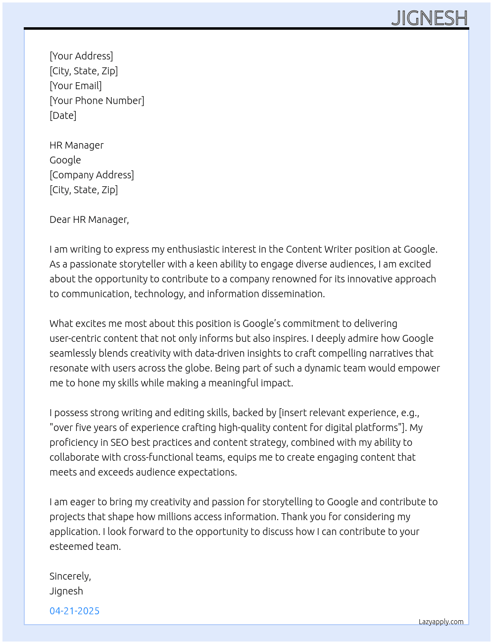 content writer At Google Cover Letter