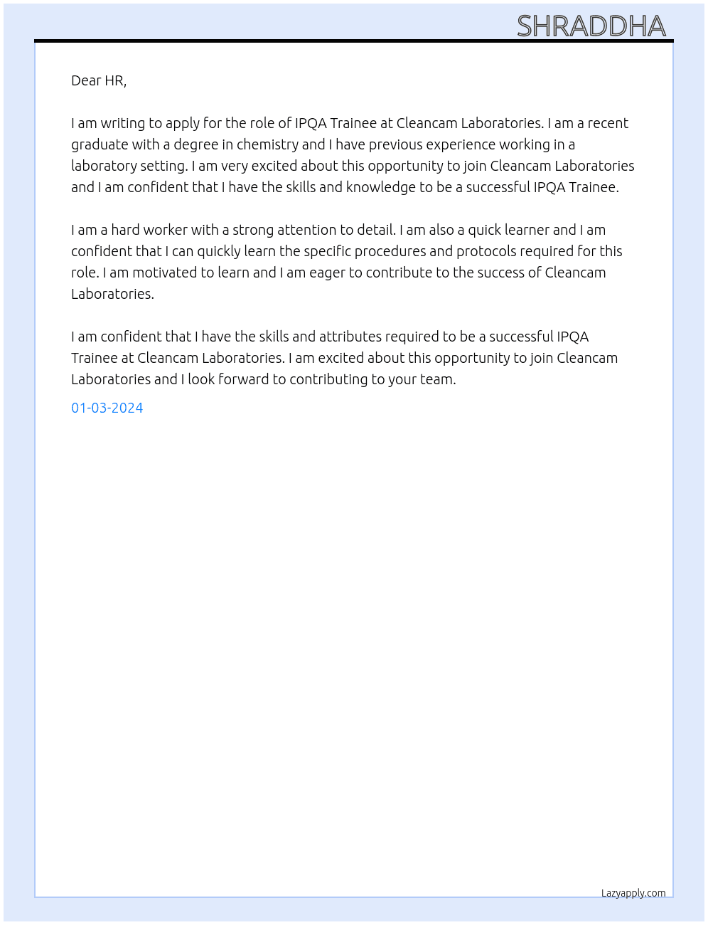IPQA trainee  At Cleancam laboratories  Cover Letter