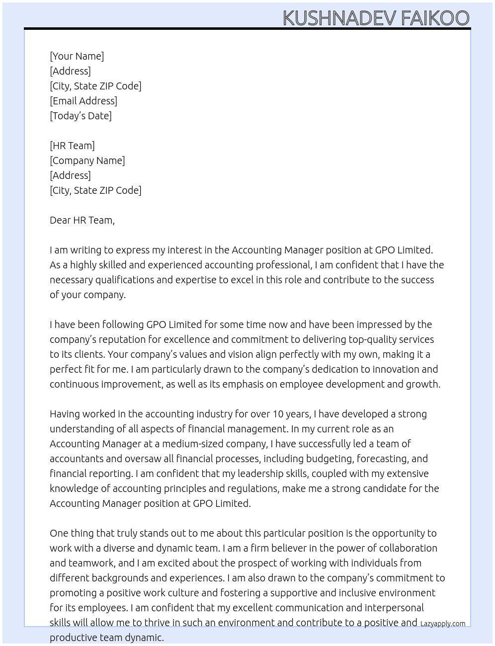 Accounting Manager At GPO Limited Cover Letter