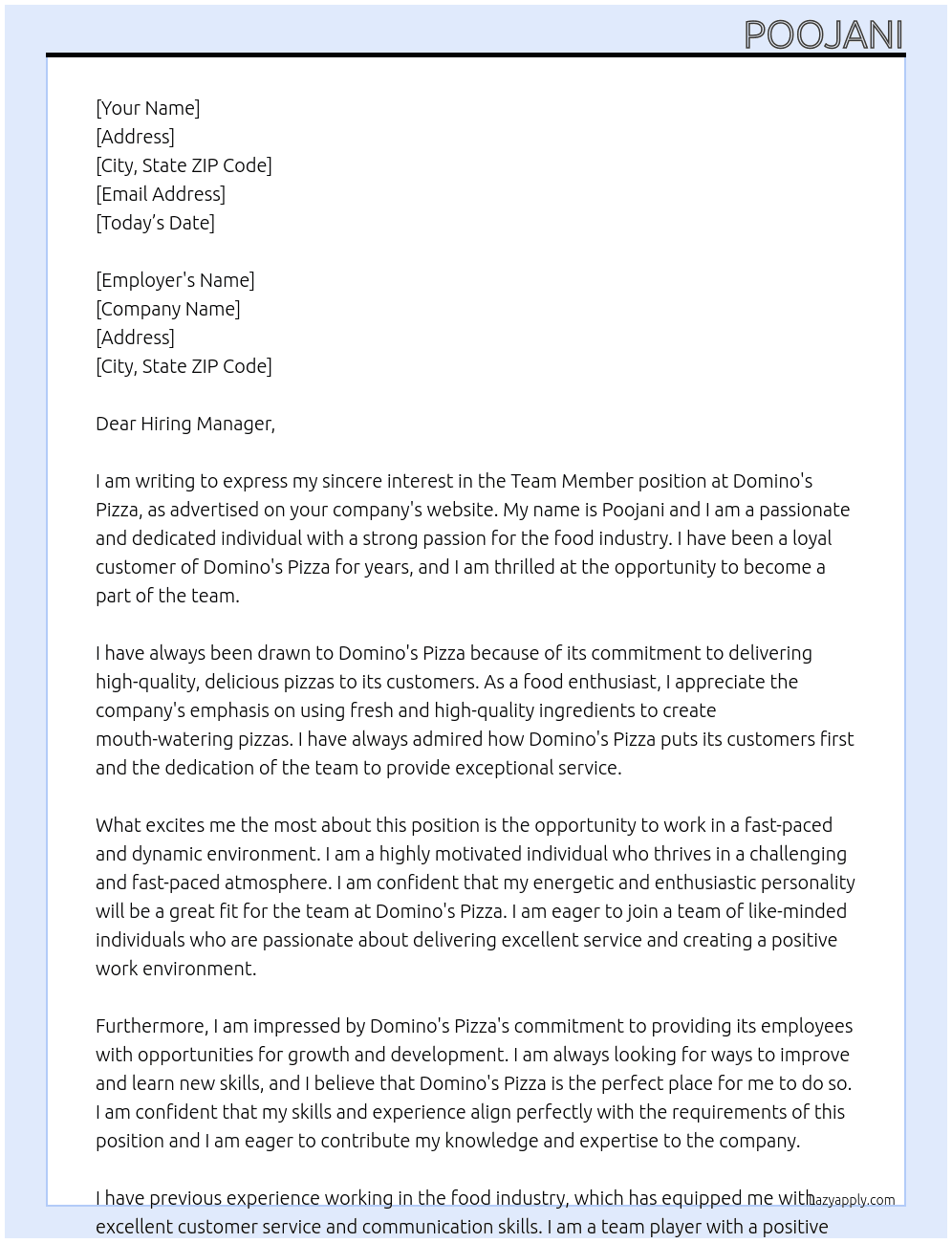 Team Member At Domino's Pizza Cover Letter