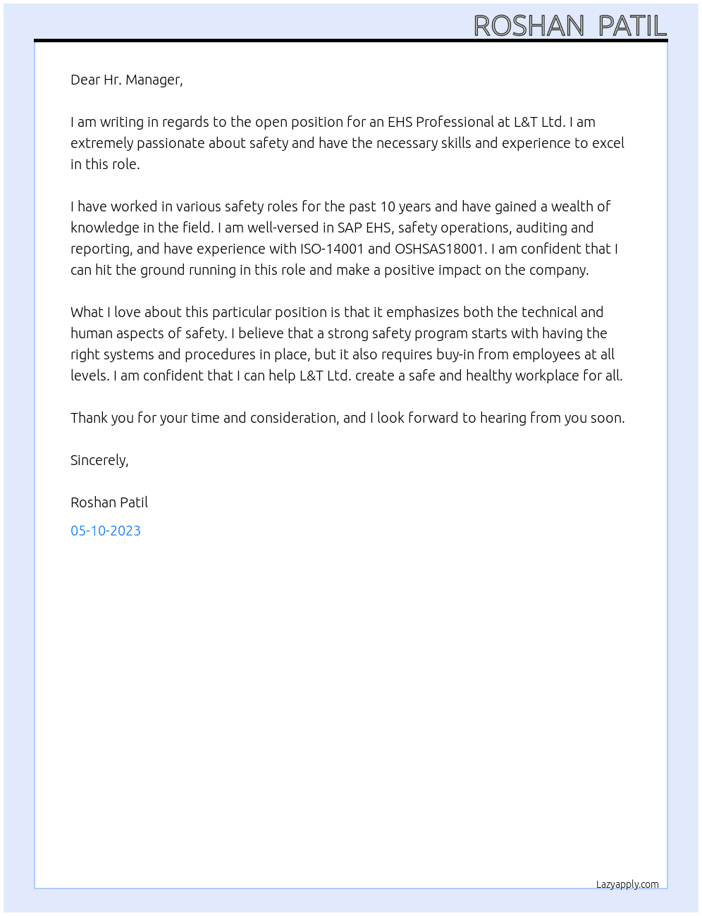 EHS PROFESSIONAL  At L&T Ltd. Cover Letter
