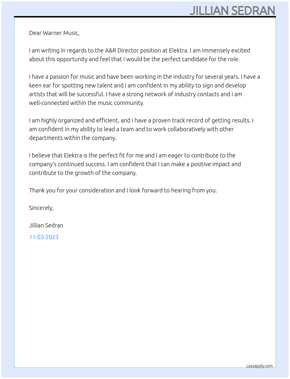 A&R Director At Elektra Cover Letter