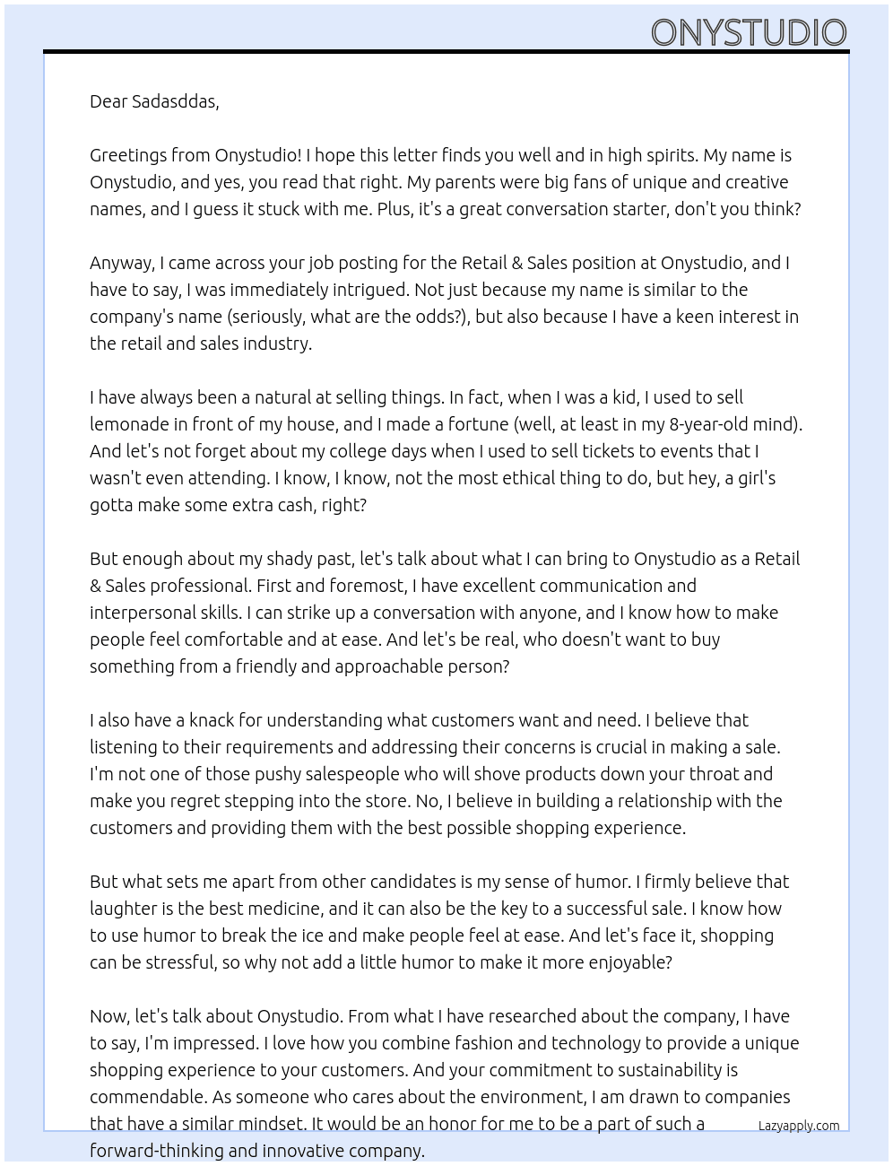 Retail & Sales At onystudio Cover Letter