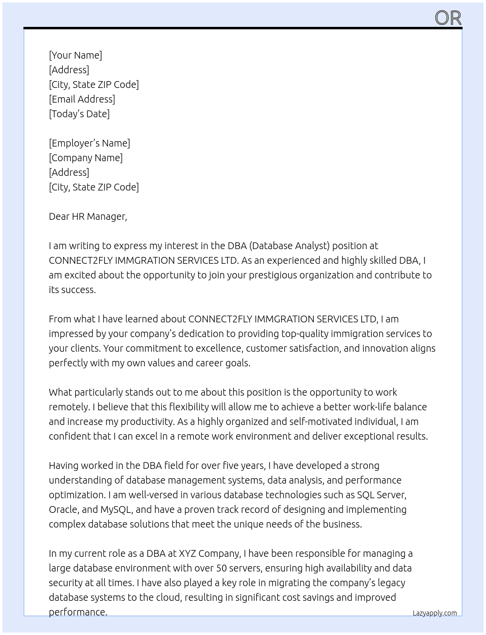 dba (database analyst) At Employer detailsCONNECT2FLY IMMGRATION SERVICES LTD. Cover Letter