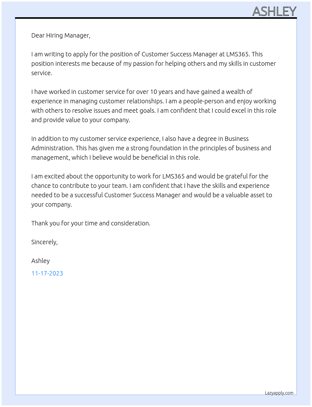 Customer Success Manager At LMS365 Cover Letter