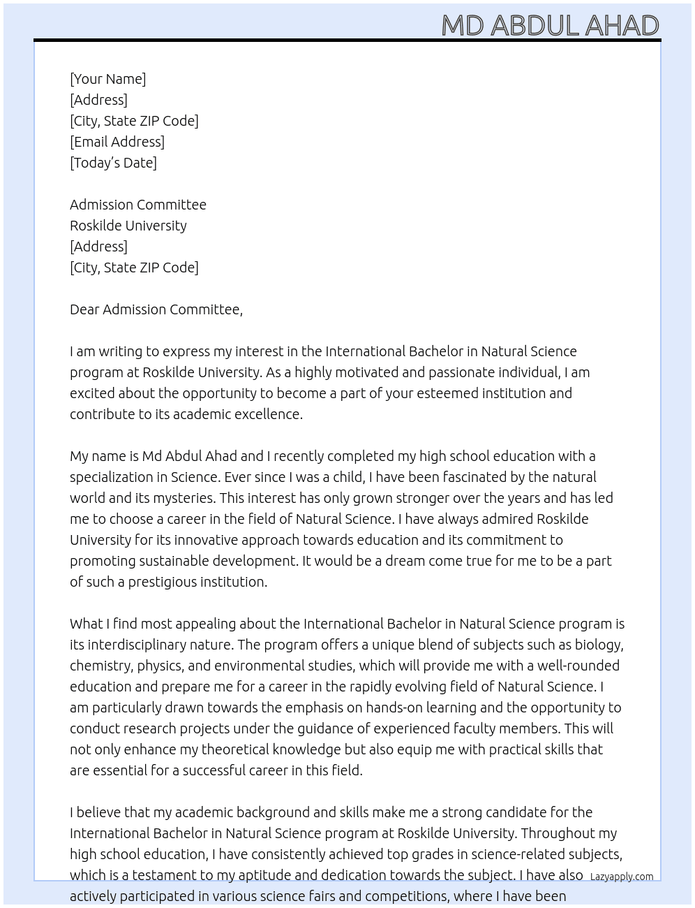 International Bachelor in Natural Science program At Roskilde University Cover Letter