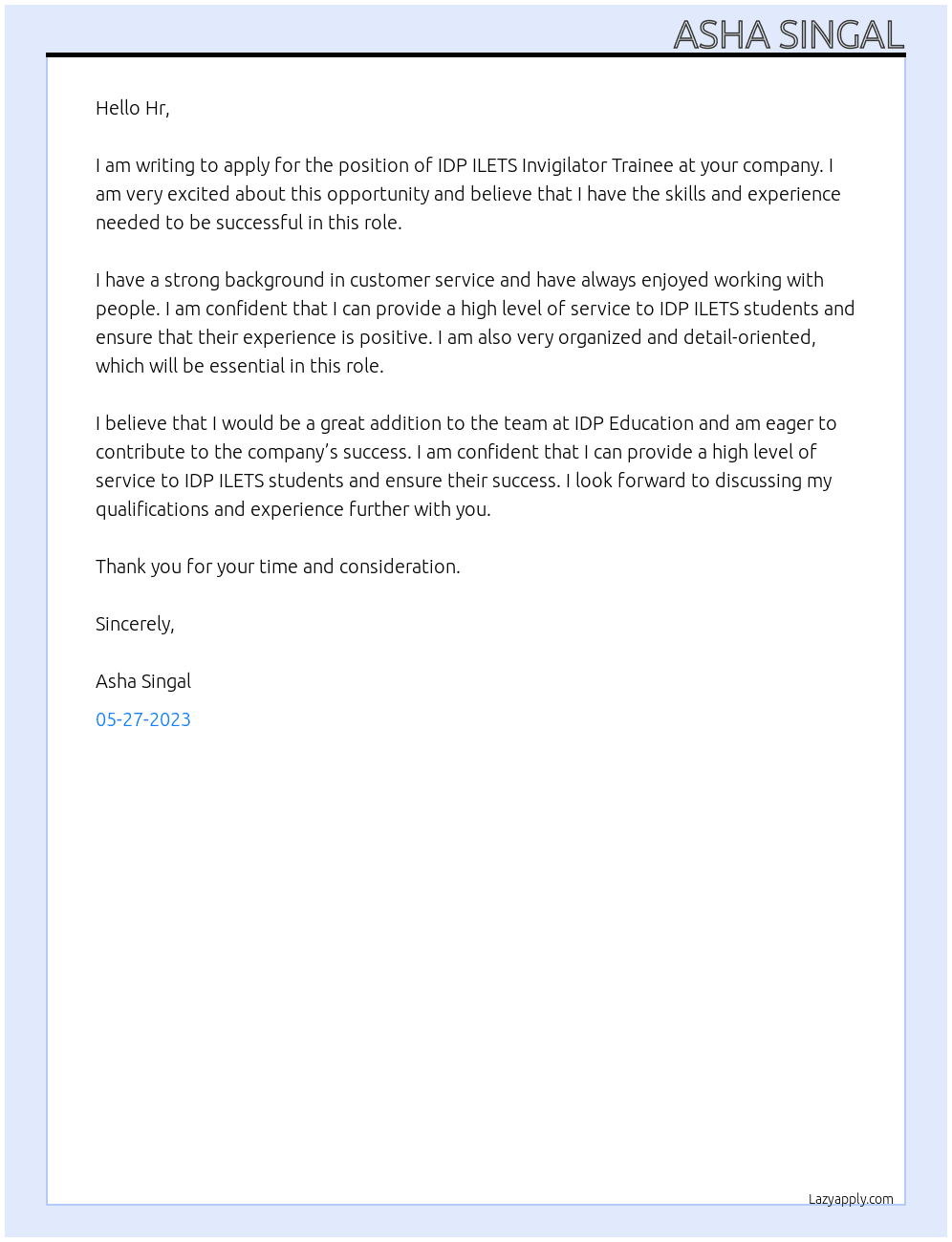 Idp ilets invigilator trainee At Idp education  Cover Letter