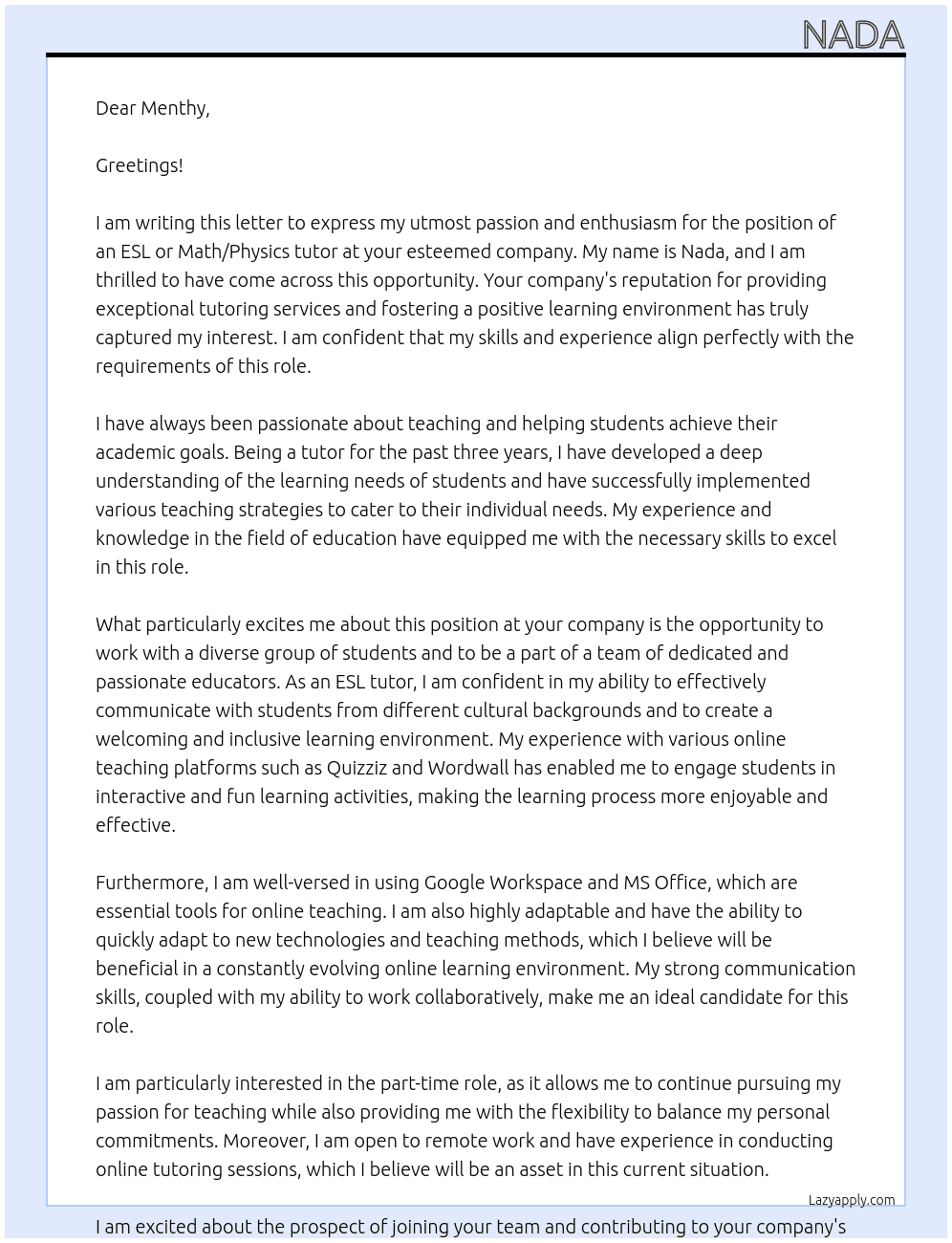 Esl tutor or math / physics tutor At Menthy Cover Letter