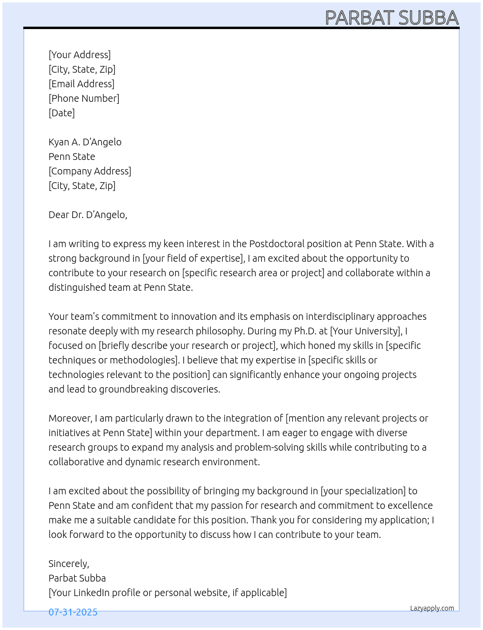 Postdoctoral position At Penn State Cover Letter
