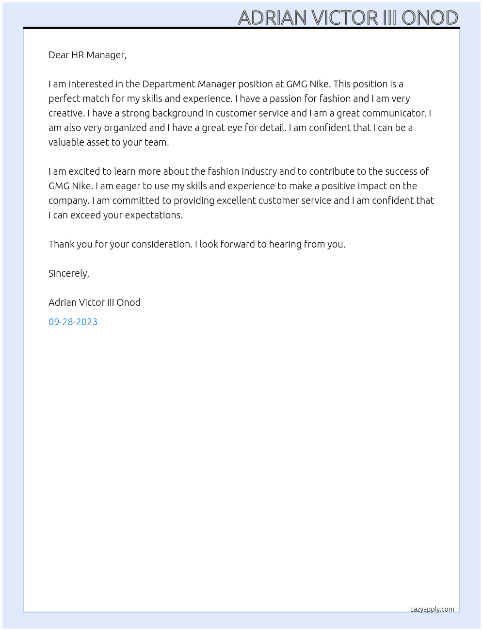 Department Manager At GMG Nike Cover Letter