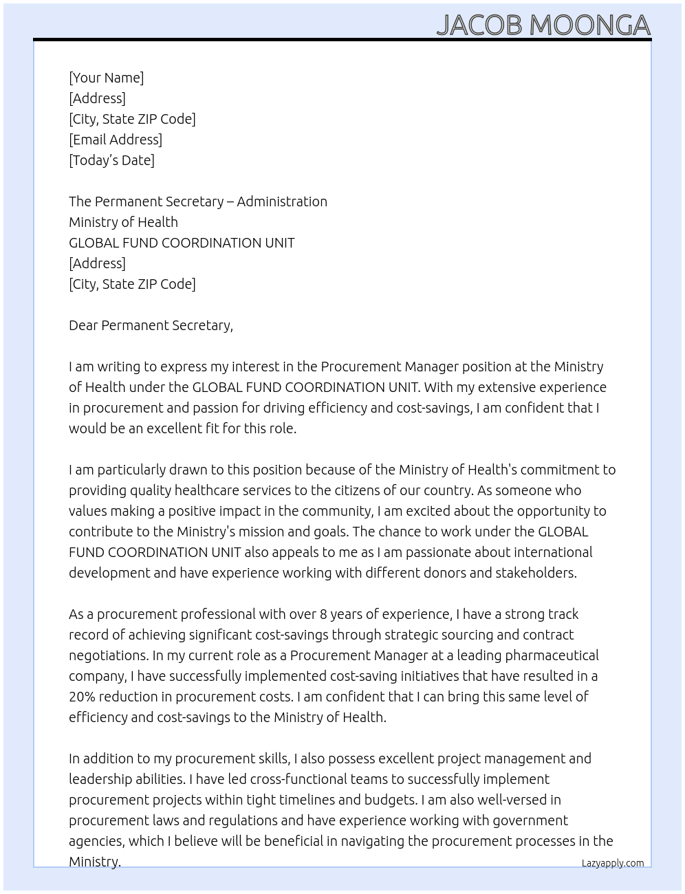 Procurement Manager At Ministry of Health under the GLOBAL FUND COORDINATION UNIT Cover Letter