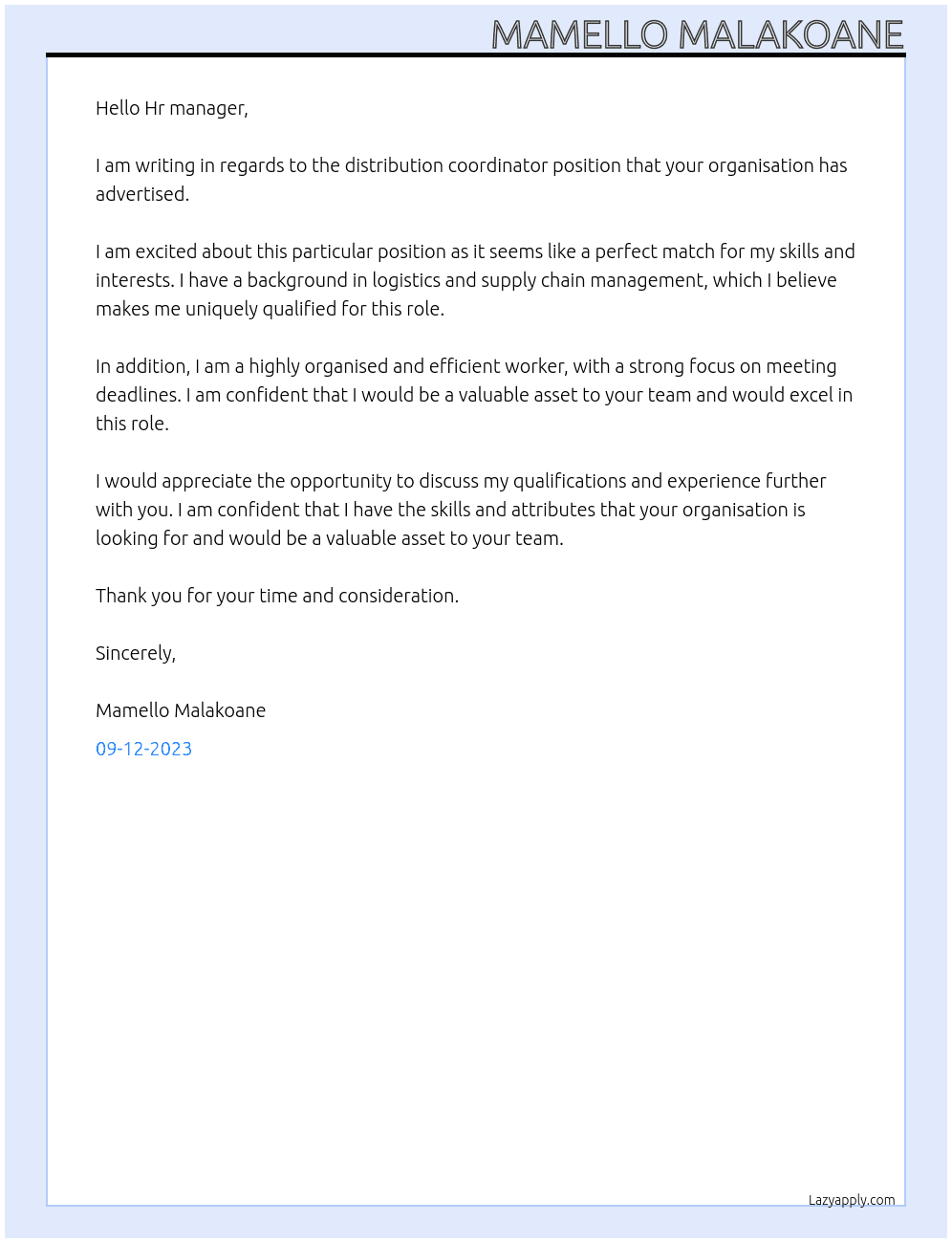 distribution coordinator At your organisation Cover Letter