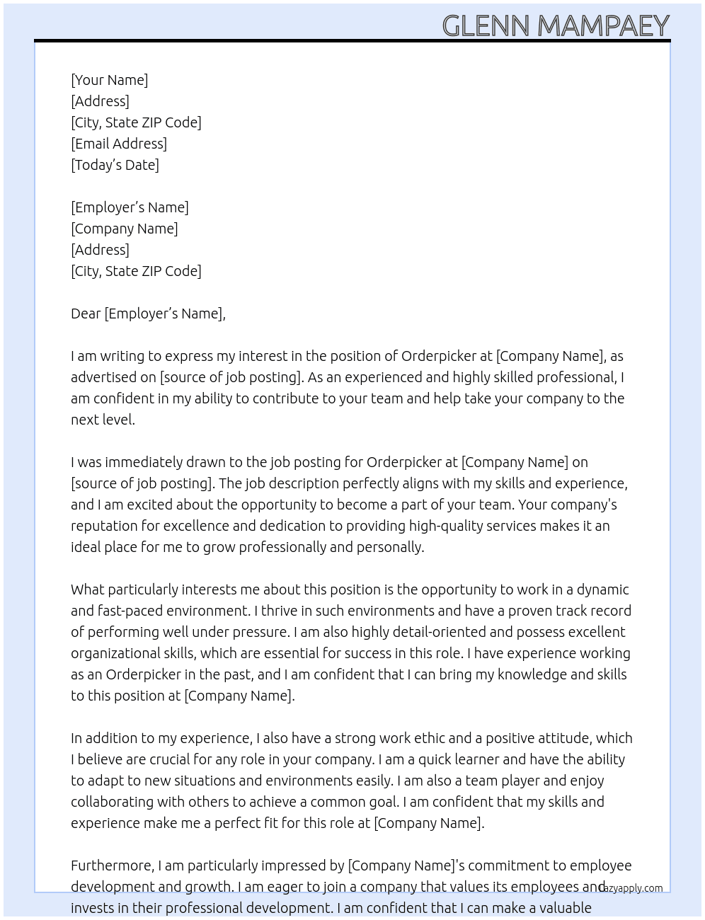 orderpicker At jobs.essers Cover Letter