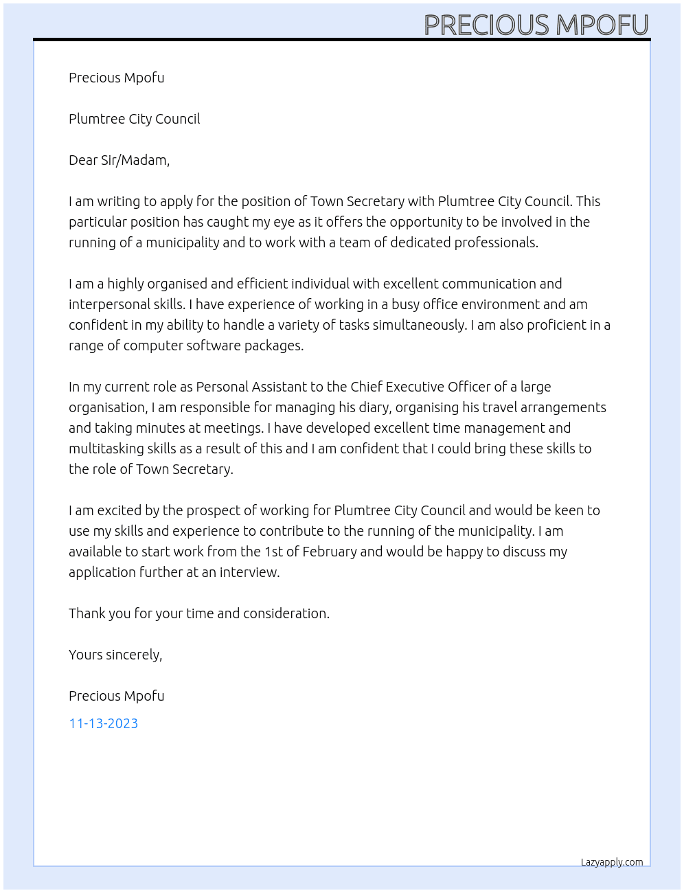 Town Secretary At Plumtree City Council Cover Letter