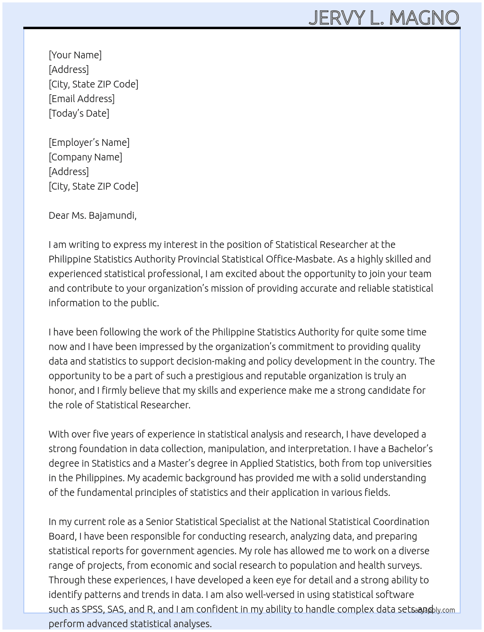 Statistical Researcher At Philippine Statistics Authority Provincial Statistical Office-Masbate Cover Letter