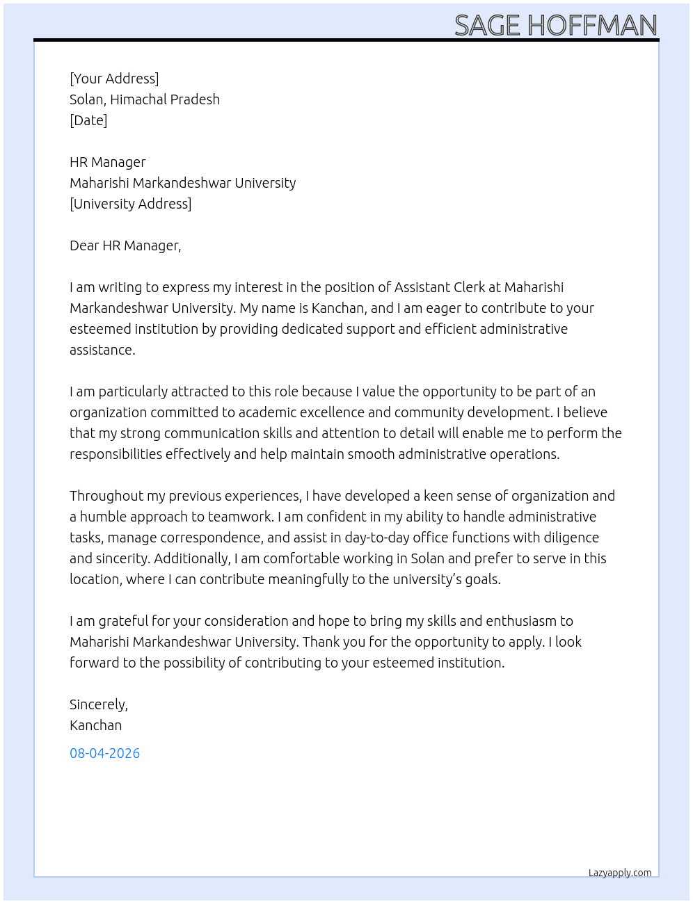 Cover letter for assistant clerk - LazyApply