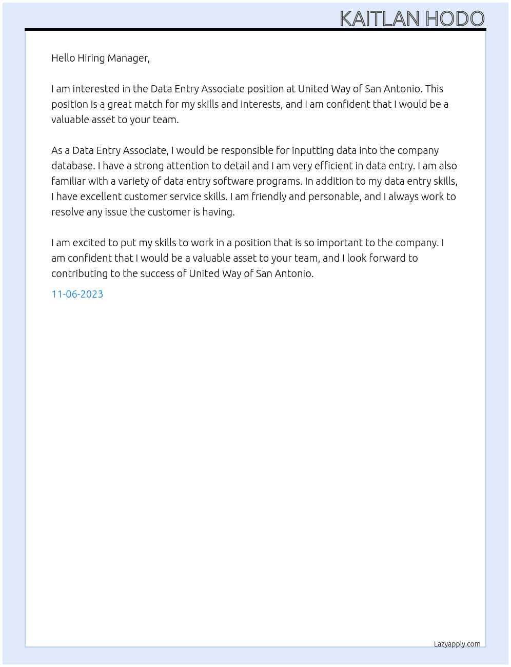 Data Entry Associate At United Way of San Antonio Cover Letter