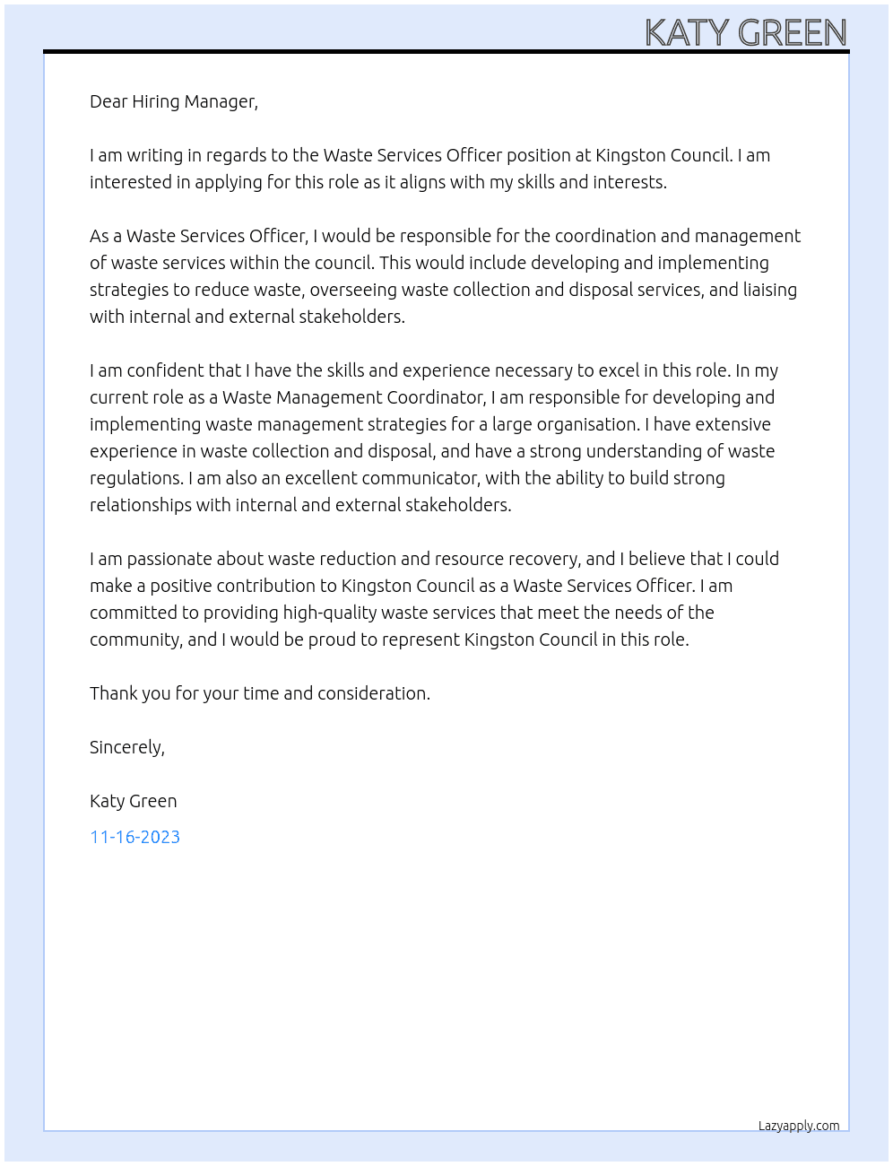 Waste Services Officer  At Kingston council  Cover Letter