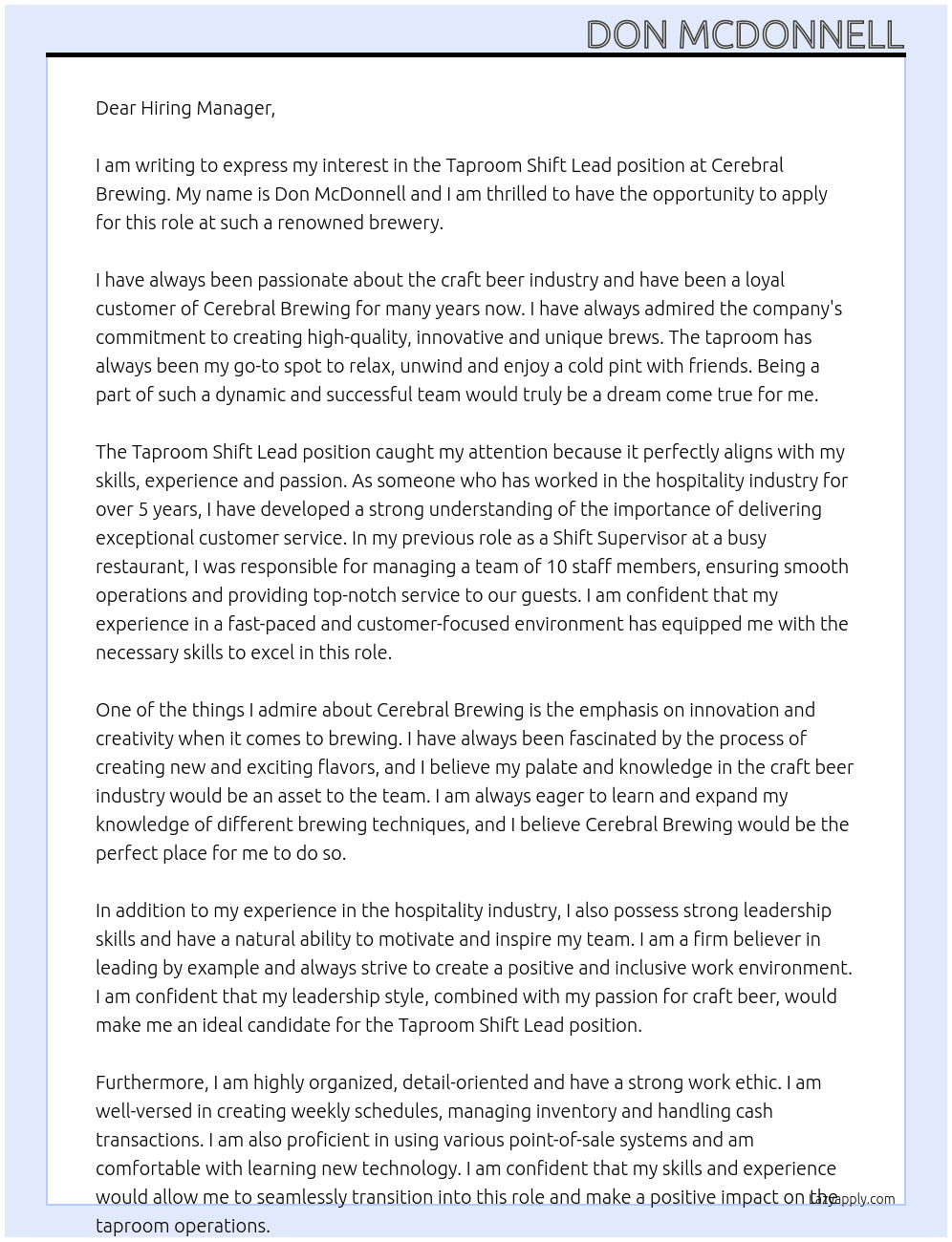 Taproom Shift Lead At Cerebral Brewing Cover Letter