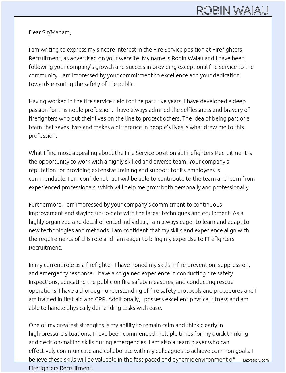 Fire service  At Firefighters recruitment  Cover Letter