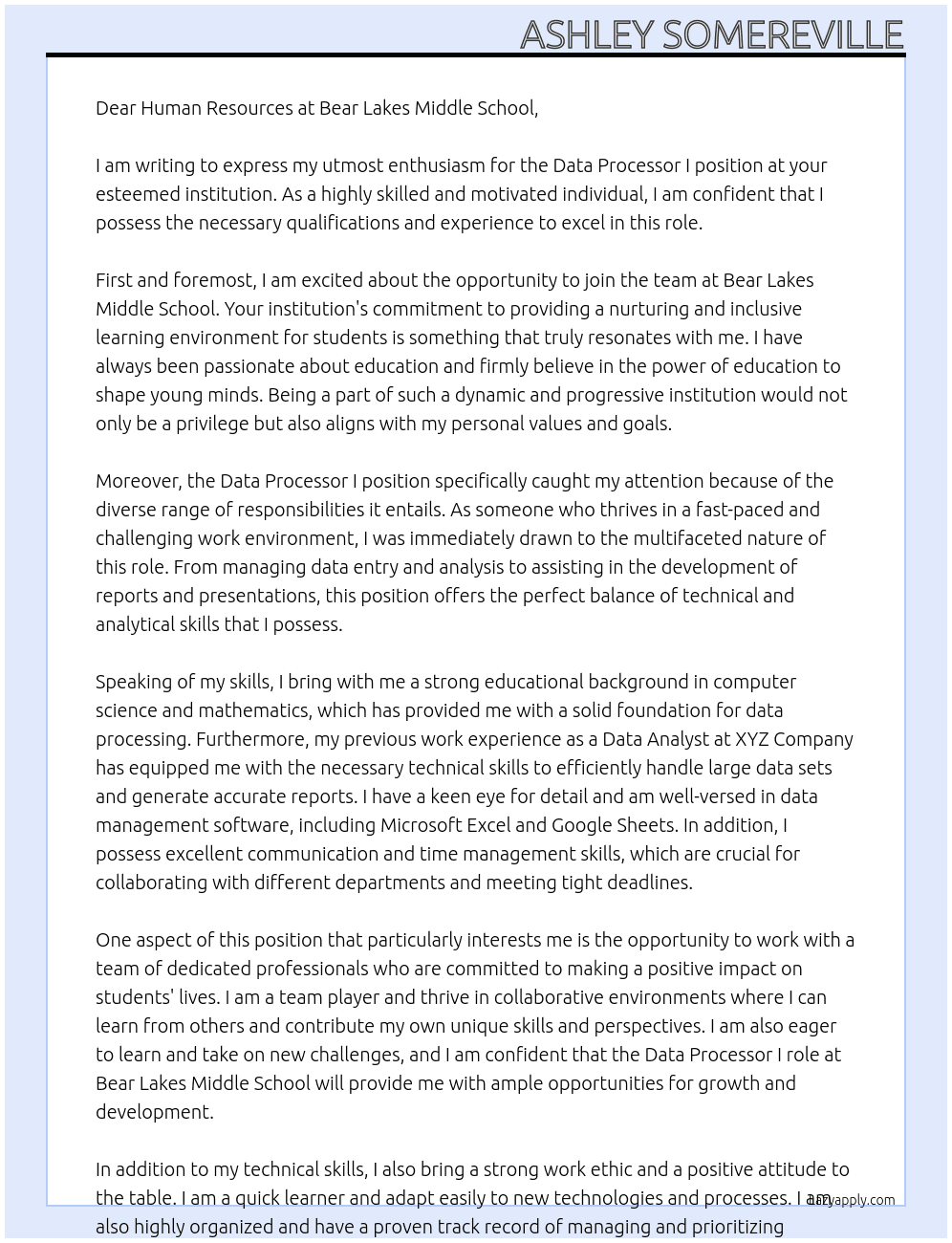 Data Processor I At Bear Lakes Middle School Cover Letter