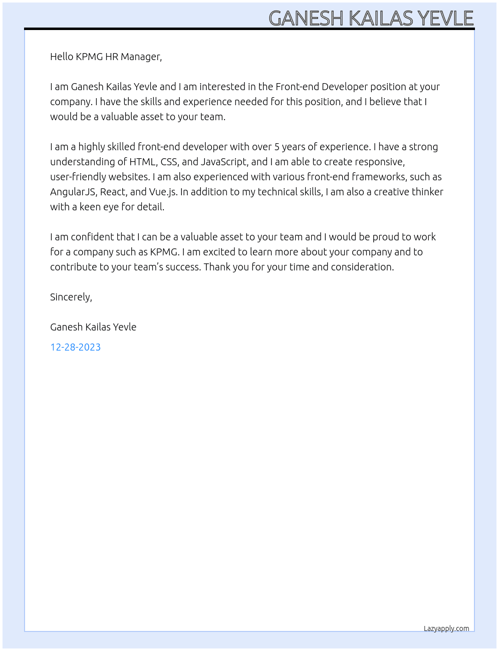 Front-end Devloper At KPMG Cover Letter