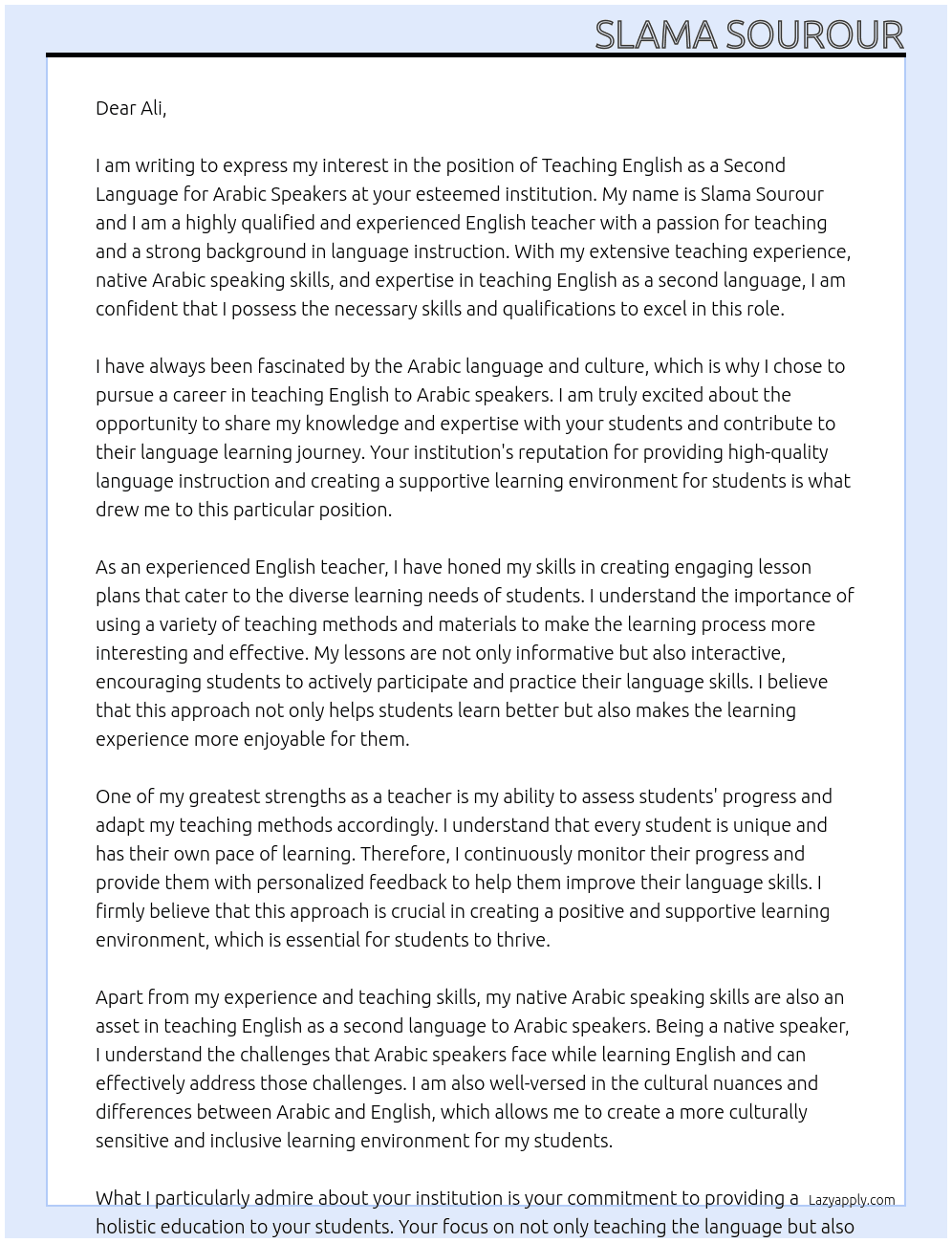 Teaching English as a second language for arabic speaker At Ali Cover Letter