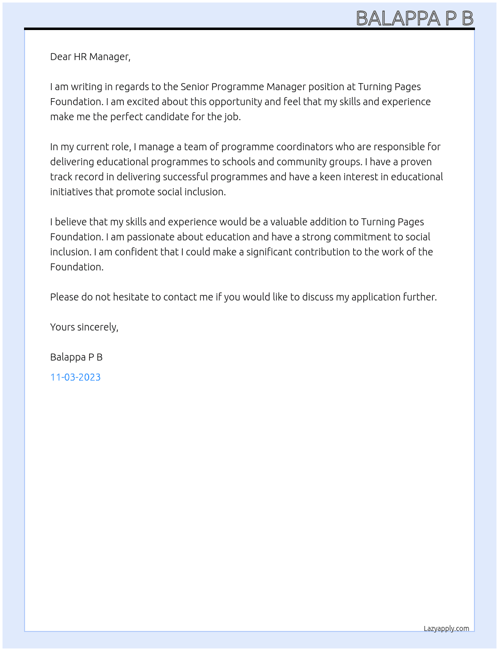 Senior Programme Manager At Turning Pages Foundation Cover Letter