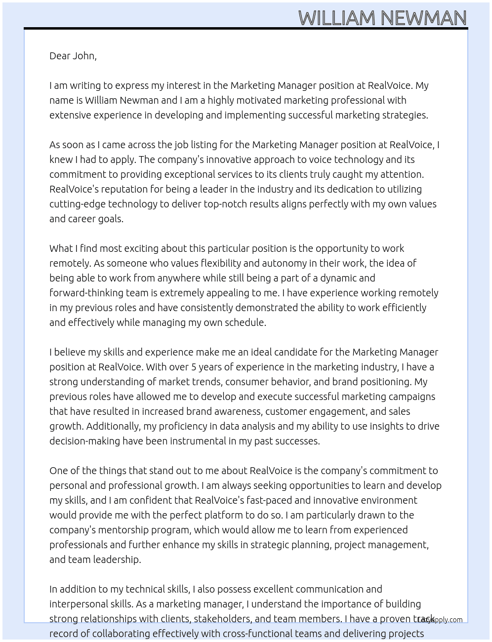 Marketing manager At RealVoice Cover Letter