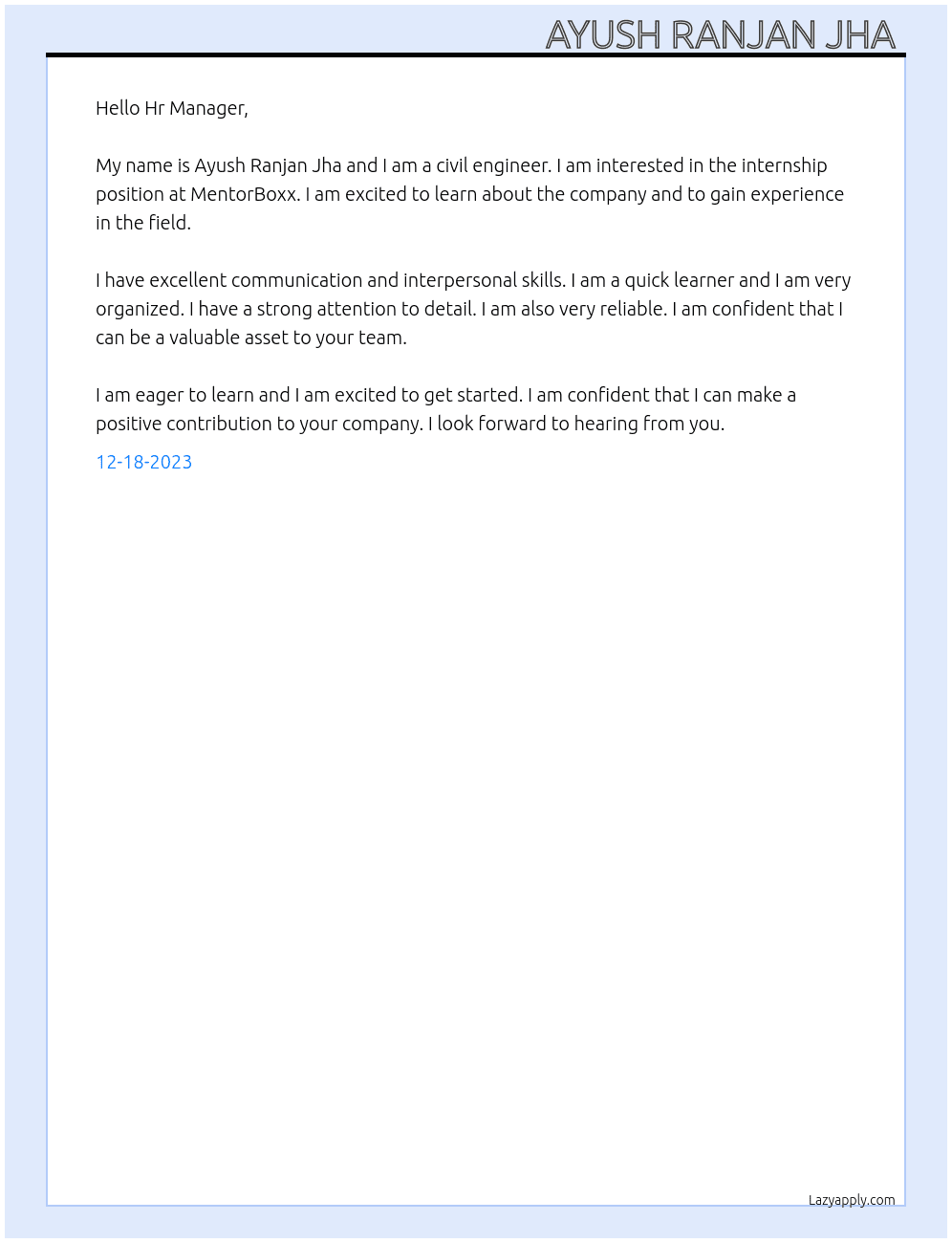 internship At MentorBoxx as a civil engineer Cover Letter