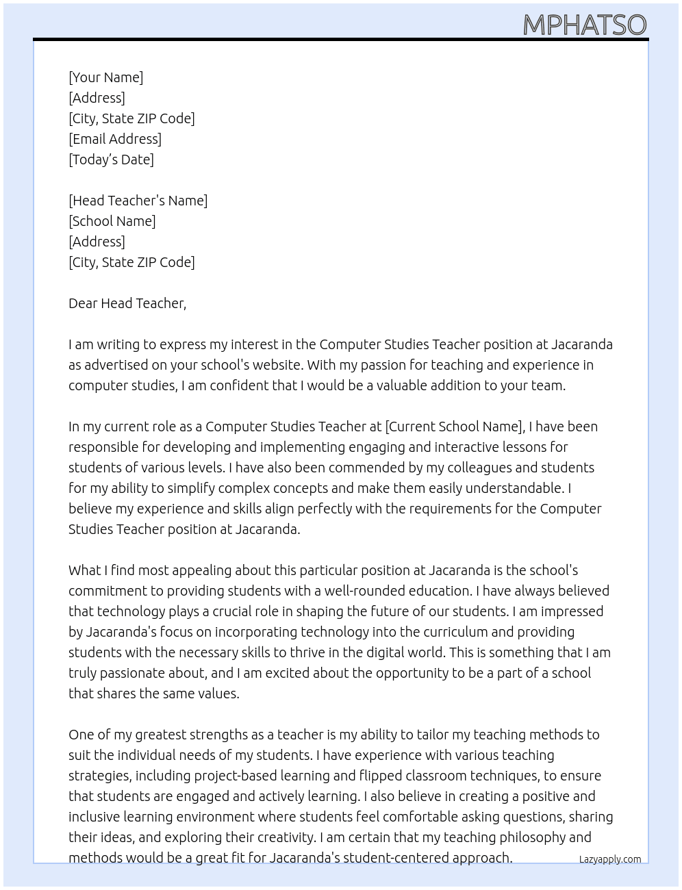 Computer studies teacher  At Jacaranda  Cover Letter