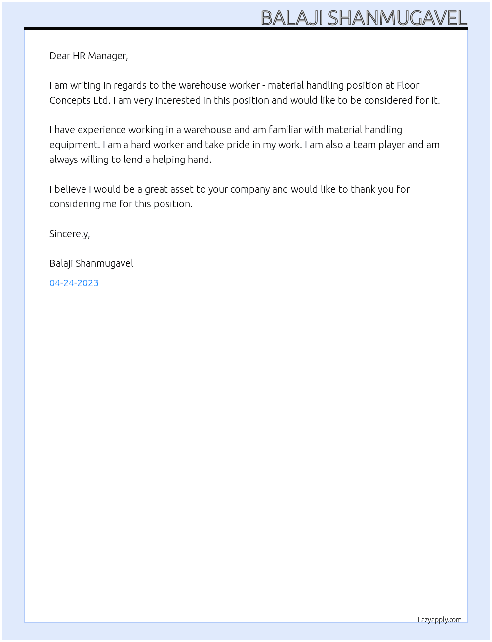 Warehouse worker - material handling At Floor Concepts Ltd Cover Letter