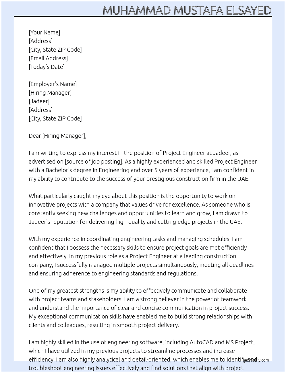 project engineer At Jadeer Cover Letter