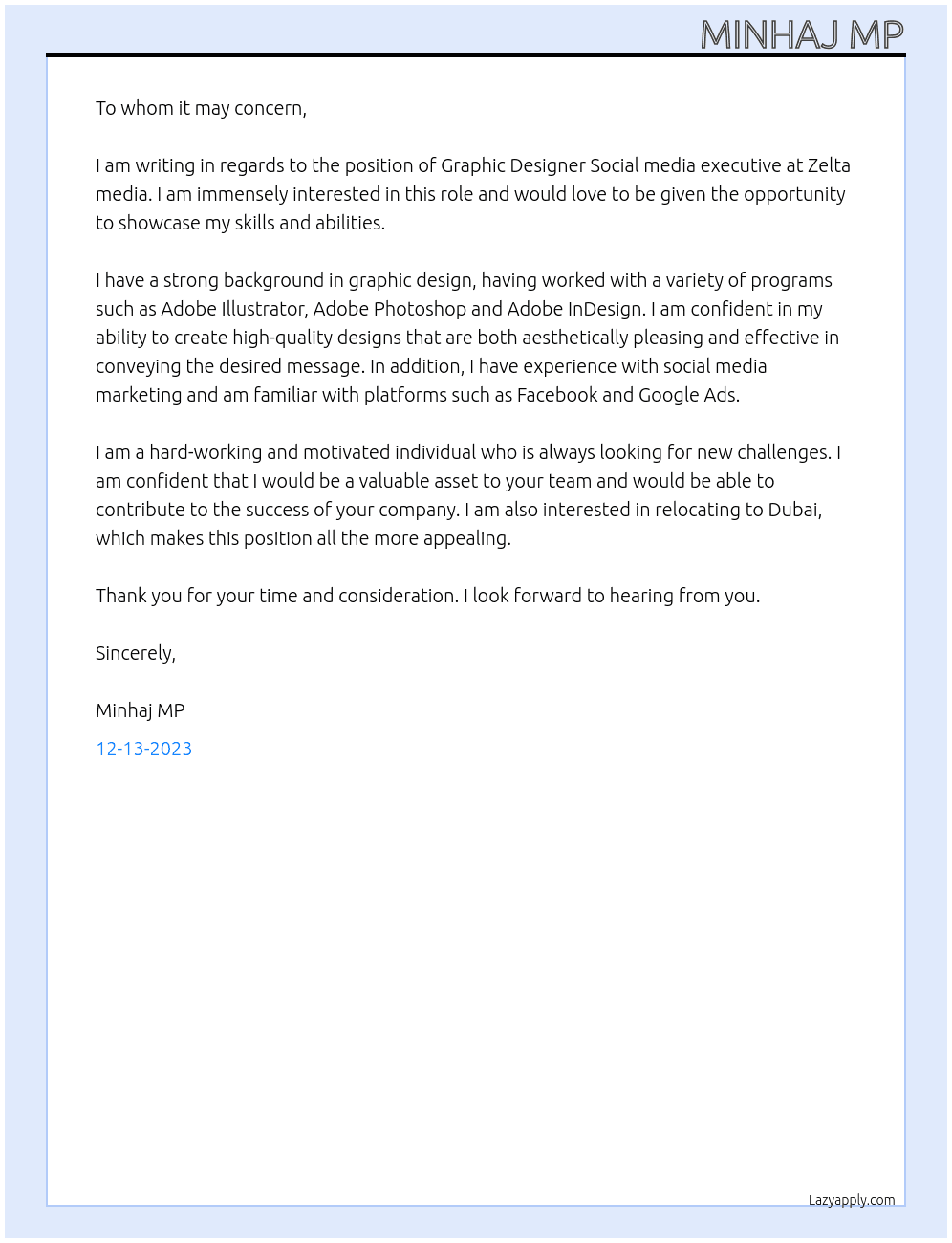Graphic designer Social media executive At Zelta media Cover Letter