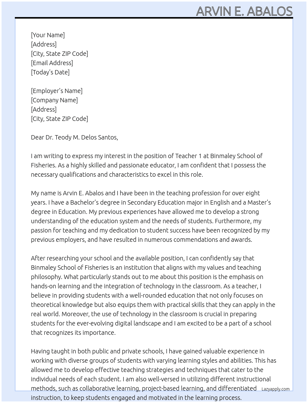 Teacher 1 At Binmaley School of Fisheries Cover Letter