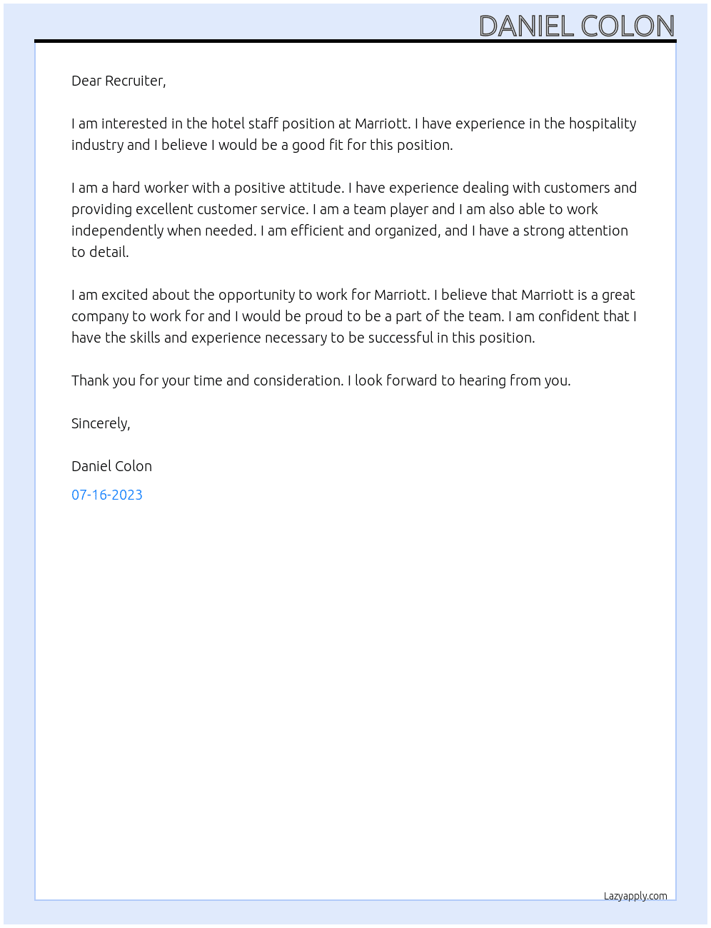Hotel Staff At Marriott Cover Letter