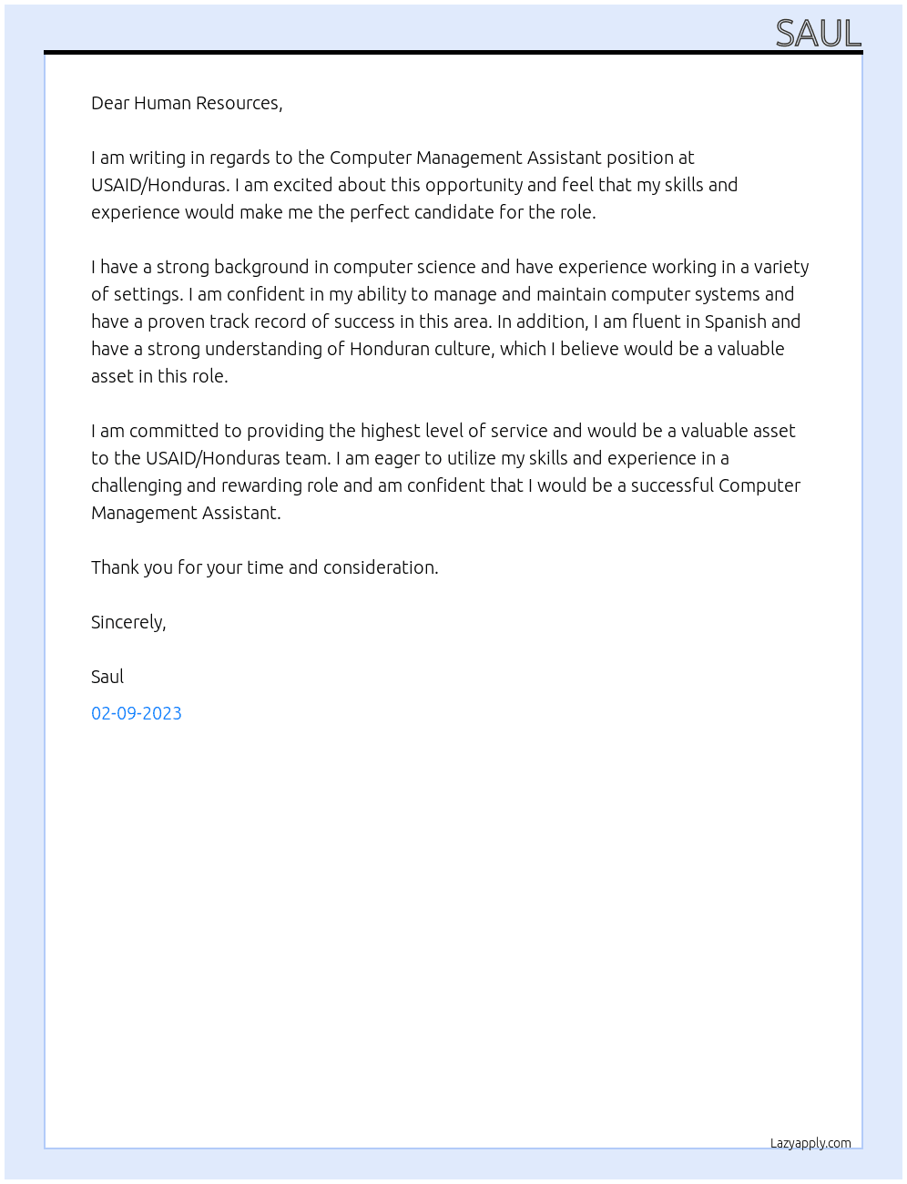 Computer Management Assistant At USAID/Honduras Cover Letter