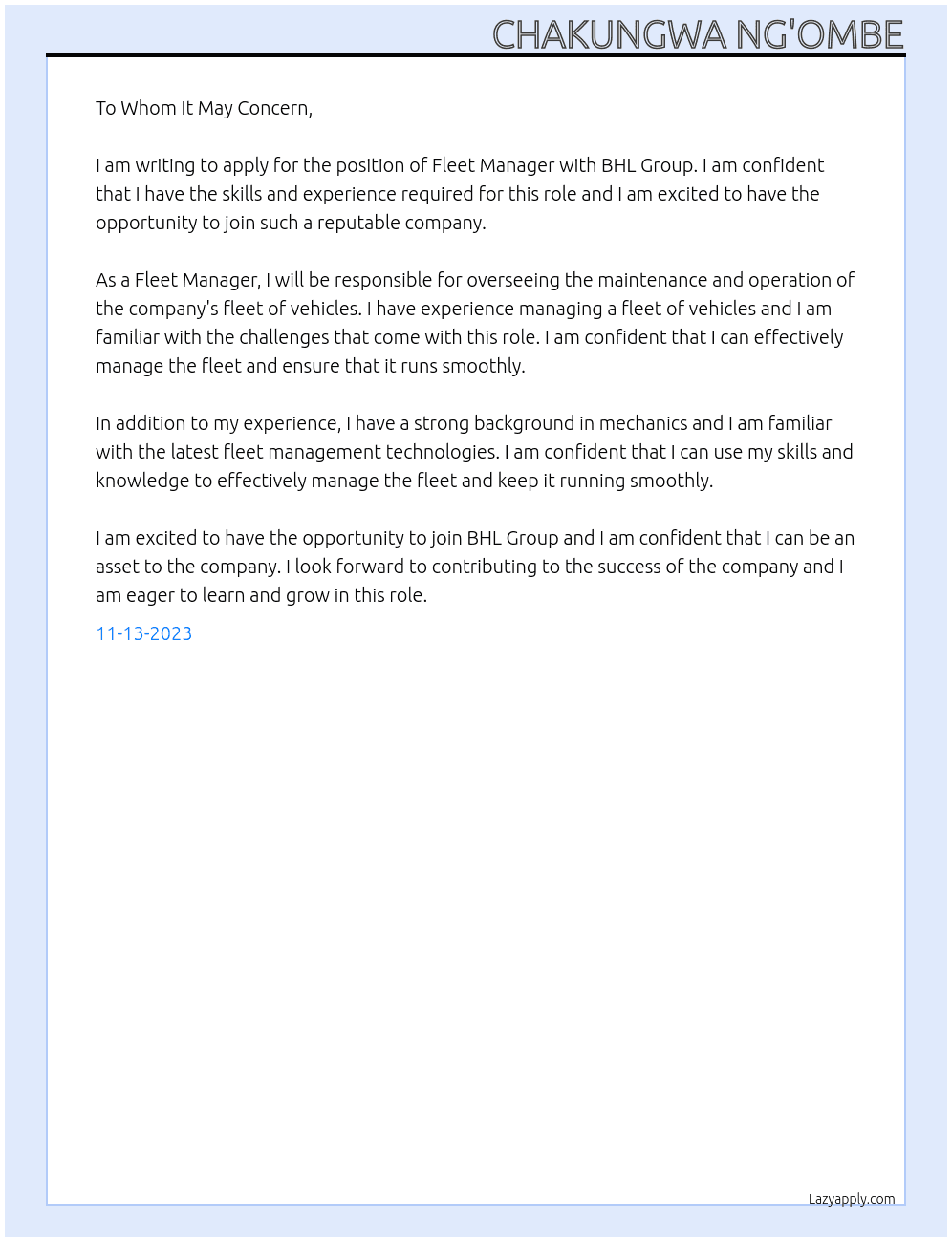 Fleet Manager At BHL GROUP Cover Letter
