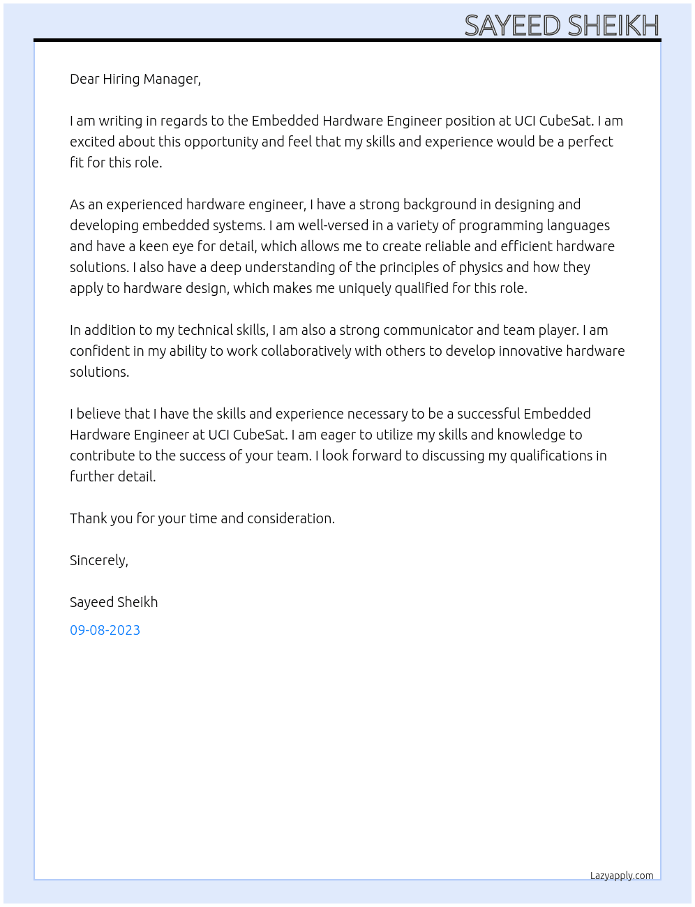 Embedded Hardware Engineer At UCI CubeSat Cover Letter