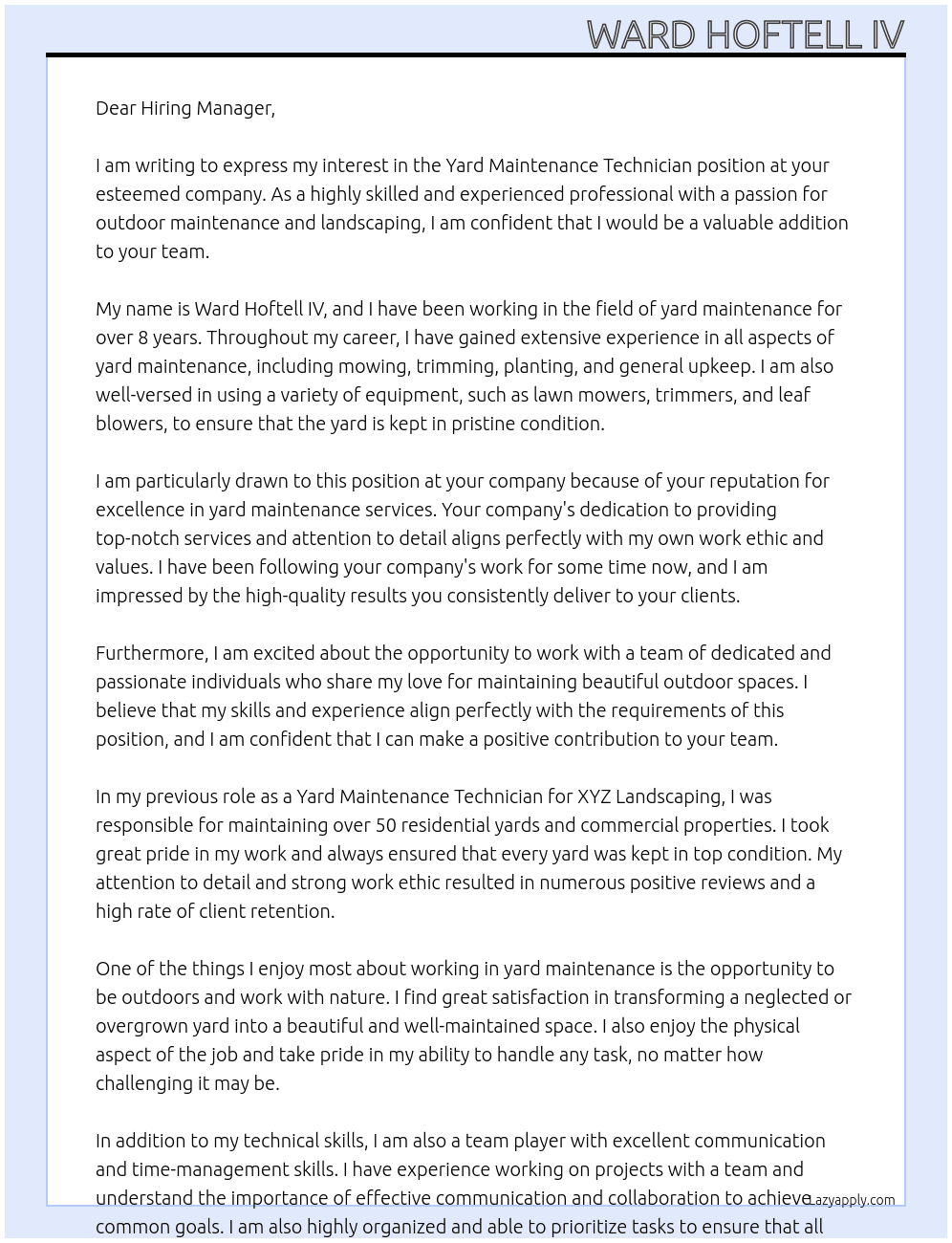 Yard Maintenance Technician At Yard Maintenance Technician Cover Letter
