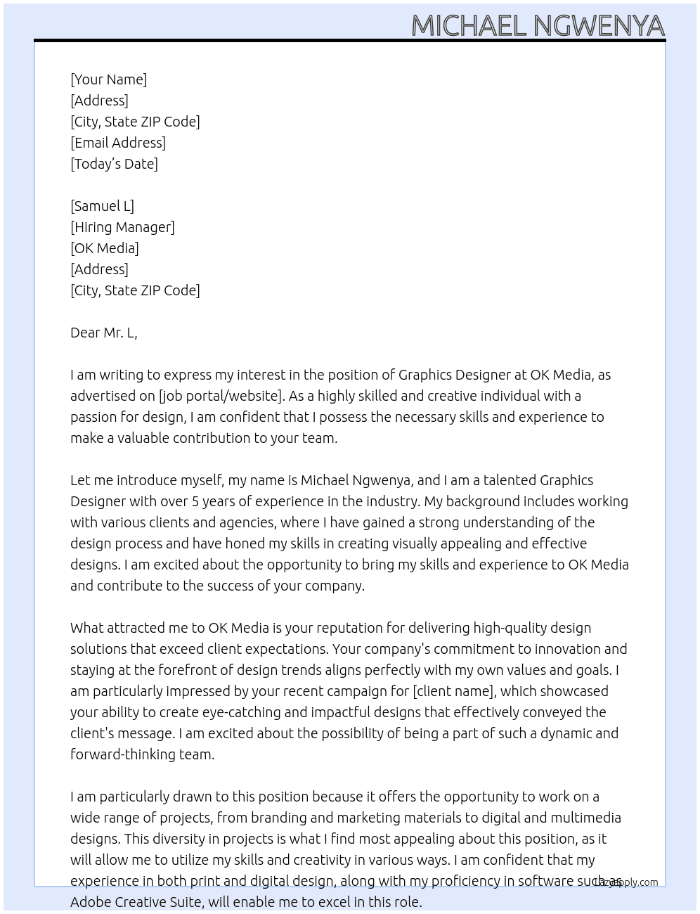 Graphics Designer At OK Media Cover Letter