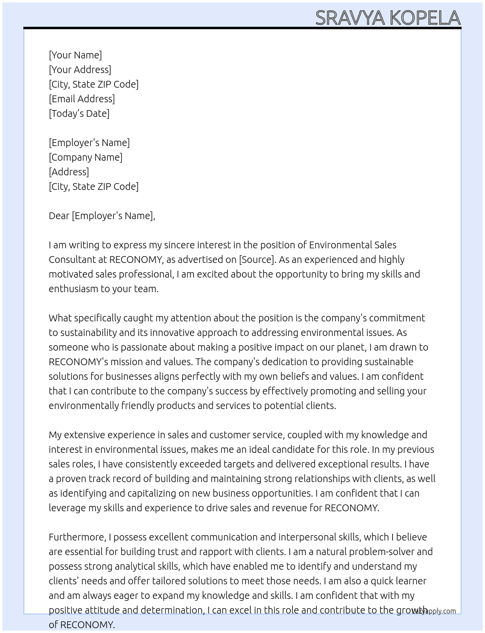 ENVIRONMENTAL SALES CONSULTANT At RECONOMY Cover Letter